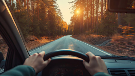 a car driving on the road, with the rearview mirror reflecting the surrounding scenery, illustrating the journey and constant vigilance of the driverの素材