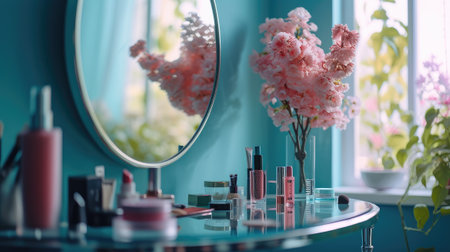 a stylish round mirror adorning a dressing table, surrounded by an array of carefully arranged cosmetic products and fresh flowers, exuding a sense of beauty and refinement in a feminine spaceの素材