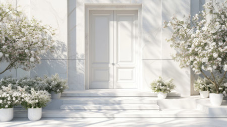 A striking white entrance door surrounded by geometric steps and white potted flowers exudes modern charmの素材