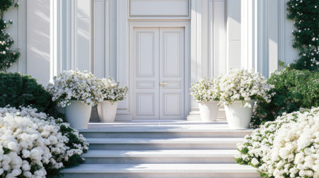 A striking white entrance door surrounded by geometric steps and white potted flowers exudes modern charmの素材