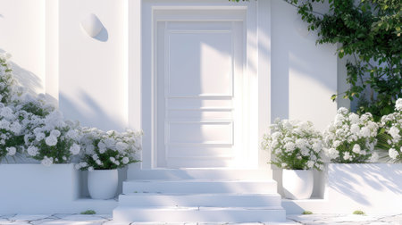 A striking white entrance door surrounded by geometric steps and white potted flowers exudes modern charmの素材