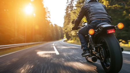 motorbike on the road riding, having fun driving the empty road on a motorcycle tour journey, copyspace for your individual textの素材