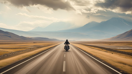 motorbike on the road riding, having fun driving the empty road on a motorcycle tour journey, copyspace for your individual textの素材