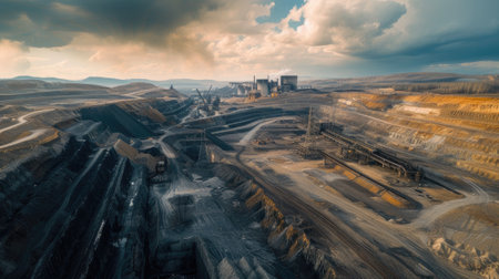 a power plant juxtaposed against an open-cast coal mine in an aerial view, the interplay between industrial infrastructure and natural elementsの素材