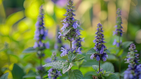 mint, with selective focus on its vibrant purple-blue flowers blooming in a garden, aromatic herb within the mint family against a backdrop of lush greenery, a mesmerizing nature floral backgroundの素材
