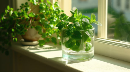 green mint leaves contained in a glass, bathed in natural light on a kitchen white windowsill, offering a serene, scene that evokes the essence of homegrown herbs and culinary inspirationの素材