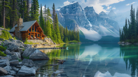 a rustic cabin glowing amidst the rocky landscape and dense pine forest, overlooking the tranquil beauty of a shimmering lake, offering a serene retreat into nature's embraceの素材