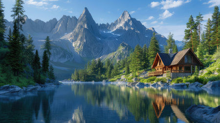 a rustic cabin glowing amidst the rocky landscape and dense pine forest, overlooking the tranquil beauty of a shimmering lake, offering a serene retreat into nature's embraceの素材