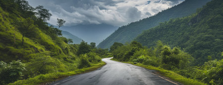 an asphalt road winding through a lush green forest against the backdrop of majestic mountains, showcasing the serene harmony of the natural landscapeの素材