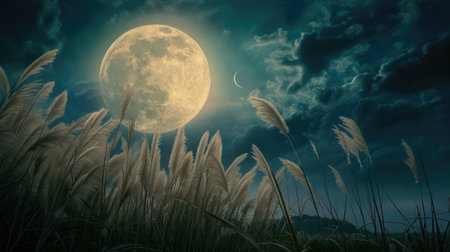the full moon juxtaposed with the delicate elegance of pampas grass, creating a harmonious scene that evokes a sense of tranquility and wonderの素材