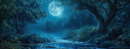 a full moon shining brightly amidst the dark woods, offering a captivating view of the fantasy forest panorama under the moonlit skyの素材