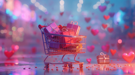 a shopping cart adorned with a pink peripheral gift box, symbolizing the anticipation and love associated with selecting the perfect Valentine's Day giftの素材