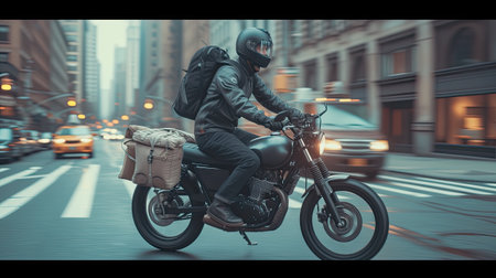 motorcycle delivery with a detailed shot of a delivery rider's backpack specifically designed for transporting goods, demonstrating its practicality in urban settingsの素材