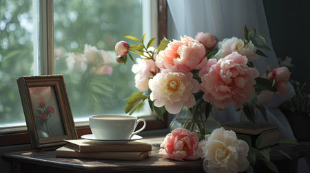 a breakfast still life featuring a steaming cup of coffee, neatly arranged books, an empty photo frame mockup, all set on a rustic wooden table adorned with a vase of blooming peoniesの素材