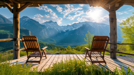 wooden chairs arranged on the terrace of a rustic cabin, offering picturesque views of majestic mountains bathed in spring sunlightの素材