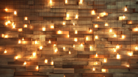 a wood wall adorned with warm bulb lights, creating a cozy and inviting atmosphere in a living space or cafe settingの素材