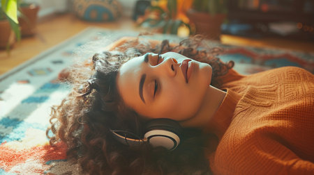 a relaxed woman lying on the carpet at home, indulging in music through her headphones, exuding a sense of calm and contentment in her portraitの素材