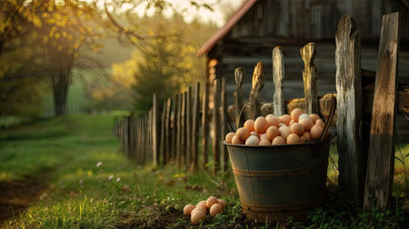 a sturdy bucket brimming with freshly collected eggs, nestled beside the picket fence of a rustic chicken coop, epitomizing the charm of country livingの素材
