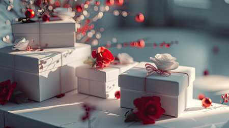 immaculate white gift boxes, elegantly adorned with Valentine's Day-themed decorations, evoking feelings of love and affection in a timeless display of devotionの素材
