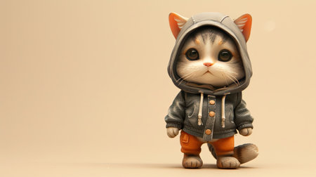 a cute little cat donning a hoodie, captured in a standing posture against a solid light background, showcasing super-detailed craftsmanship from a main viewの素材
