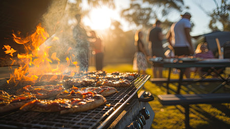 a sleek Webber grill sizzles with the aroma of pizza being expertly cooked in a picturesque park setting, evoking the ambiance of outdoor culinary delight and camaraderieの素材