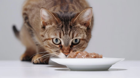 a cat peeking its head out from under the table, drawn by the aroma of wet cat food in a bowl placed on the table, against a clean white background showing the irresistible allure of feline dining.の素材