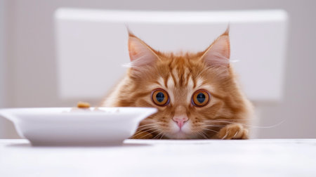 a cat peeking its head out from under the table, drawn by the aroma of wet cat food in a bowl placed on the table, against a clean white background showing the irresistible allure of feline dining.の素材