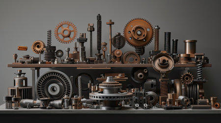 drum brakes, gears, and assorted metal components artfully displayed on a pedestal, against a grey, oxidized background, evoking an industrial ambiance that celebrates precision and craftsmanshipの素材