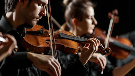 a violin accompanied by its bow and sheet music, elegantly poised on a black background, with clean lines and natural shadows enhancing its ultra-detailed craftsmanshipの素材