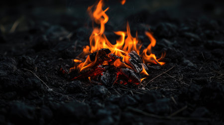 a blazing fire against a dark black background, evoking a primal sense of comfort and intrigue amidst the shadowsの素材