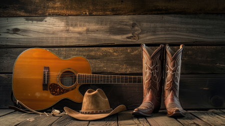an acoustic guitar, cowboy hat, and boots arranged against a blank wooden plank grunge background, providing ample copy space for text or brandingの素材