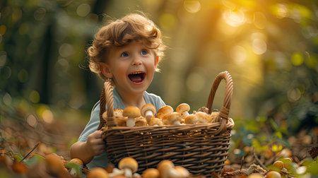 cute little boy holding a basket of mushrooms, his face displaying a surprised expression, highlighting the delightful interaction between the child and nature's bountyの素材