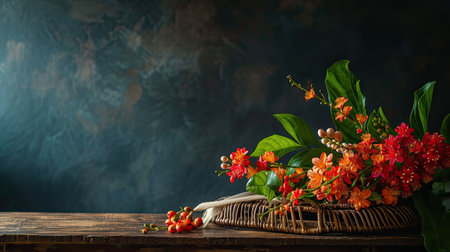 Myanmar's Thingyan flower, also known as padauk, delicately arranged on a table against a dark background, symbolizing the essence of springtime and cultural celebration in Myanmarの素材