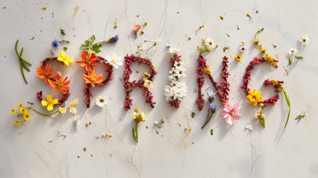 the text SPRING meticulously crafted in vibrant flowers against a clean, light background, evoking the freshness and beauty of the seasonの素材