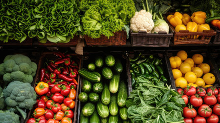 greens and various vegetables displayed at the grocery store, showing their freshness and diversity, inviting customers to explore a colorful and nutritious selectionの素材