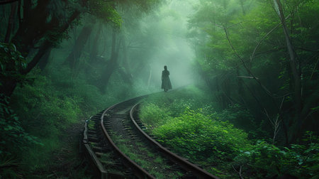 a woman walking along an old railroad track, enveloped by the ethereal mist of the forest, evoking a sense of solitude and contemplationの素材