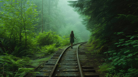 a woman walking along an old railroad track, enveloped by the ethereal mist of the forest, evoking a sense of solitude and contemplationの素材