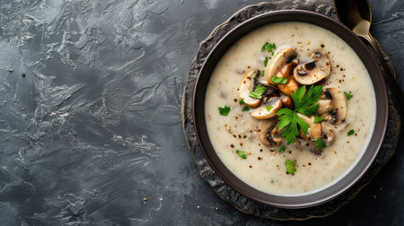 mushroom cream soup in a visually enticing photograph, showing the creamy texture and rich flavor of the soup in a bowl from a top-down perspective, leaving ample space for personalized textの素材