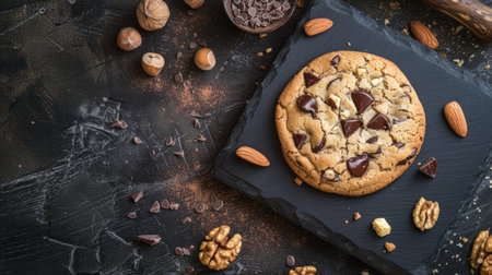 a round chocolate chip cookie placed atop a sleek black serving board, accompanied by an assortment of nuts, set against the rustic backdrop of a vintage dark kitchen tableの素材