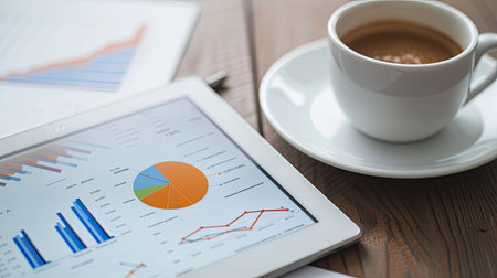 a tablet screen, featuring graphs and charts, set on a desk adorned with a cup of coffee, symbolizing the blend of technology and traditional work elements in financial analysisの素材
