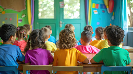 children, 7 years old, engaged in an English lesson, each wearing T-shirts of different colors, showcasing a lively and diverse learning environmentの素材