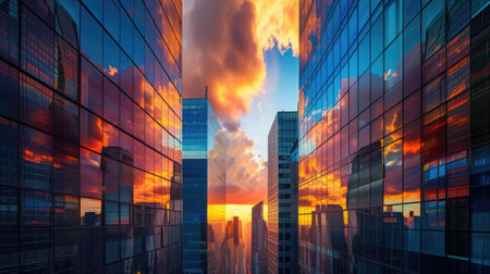 clouds and the setting sun reflected on the glass surface of buildings, blending urban architecture with natural phenomena in a mesmerizing displayの素材