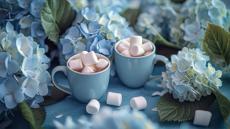 two white cups filled with marshmallows resting on a table adorned with beautiful hydrangeas, evoking a sense of romanticism and warmth in a serene settingの素材