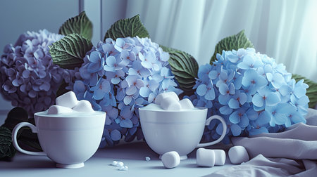 two white cups filled with marshmallows resting on a table adorned with beautiful hydrangeas, evoking a sense of romanticism and warmth in a serene settingの素材