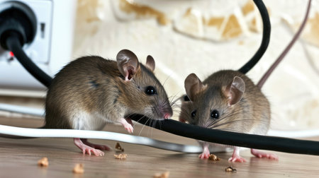 a mouse is gnawing on a wire inside an apartment house, set against the backdrop of a wall and electrical outlet, illustrating the ongoing battle against mice infestation in residential spacesの素材