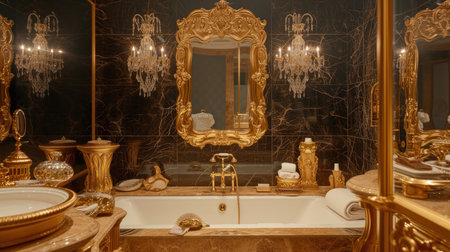 a bathroom with smooth walls adorned with a mirror framed in gold, complemented by matching gold faucets, creating a luxurious and sophisticated atmosphereの素材