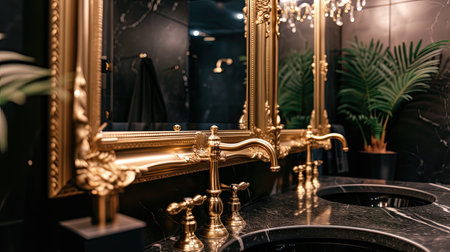 a bathroom with smooth walls adorned with a mirror framed in gold, complemented by matching gold faucets, creating a luxurious and sophisticated atmosphereの素材