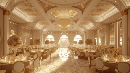 a grand banquet hall adorned in a color palette of gold, pink, and white, illuminated by cascading natural daylight, focusing on the elongated setup of the dining tableの素材