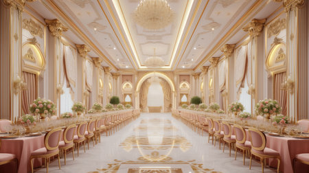 a grand banquet hall adorned in a color palette of gold, pink, and white, illuminated by cascading natural daylight, focusing on the elongated setup of the dining tableの素材