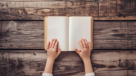a child's hands delicately holding a book on a wooden table background, with the book open to a blank page, inviting mockup opportunities in a minimalist styleの素材